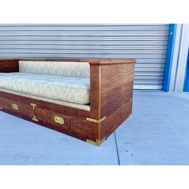 1960s Mid-Century Campaign Style Tiger Oak Daybed Sofa With Storage Drawers by Marge Carson For Sale - Image 9 of 13