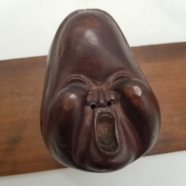 Hand-Carved Japanese Vintage Ofuku & Noh-Style Mask Trio on Wooden Panel – Signed For Sale - Image 11 of 17