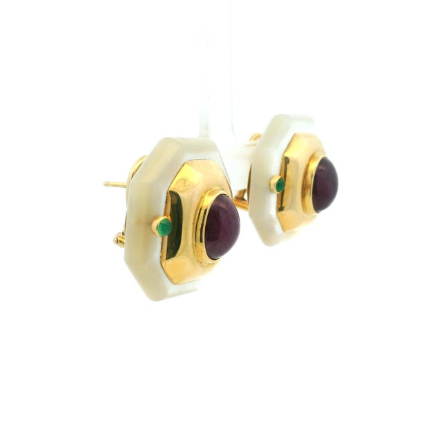 Mid-Century Modern Maz Mother-of-Pearl Ruby & Emerald 14k Gold Earrings, Circa 1980, A Pair For Sale - Image 3 of 13