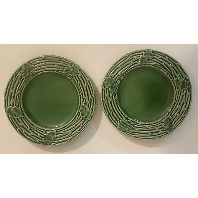 Ceramic Bordallo Pinheiro Majolica Plates Green Oak Leaf Acorn - Set of 6 For Sale - Image 7 of 10