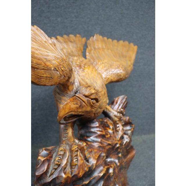 Large Mid-Century Modern Hand Carved Walnut Eagle Sculpture on Burl Wood Base For Sale - Image 12 of 12
