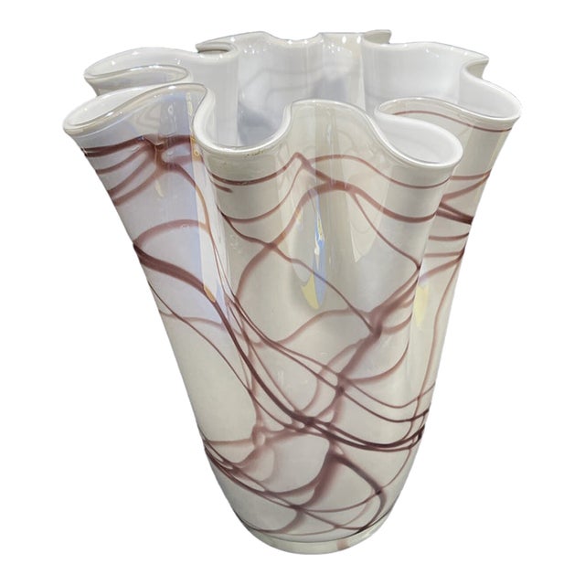 Vintage MCM Murano Style Purple & White Brushstroke Handkerchief Art Glass Vase For Sale