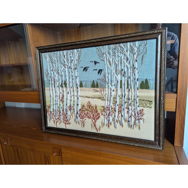 1970s Vintage Erica Wilson Crewel Embroidery Textile Art Framed "Birch Trees & Geese For Sale In Atlanta - Image 6 of 11