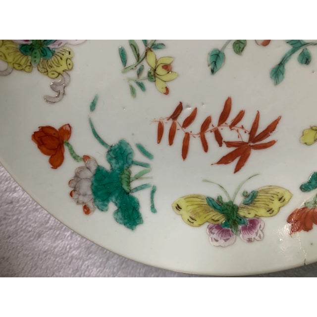 Ceramic Mid 19th Century Qing Antique Chinese Floral Butterflies & Bats Porcelain Plate For Sale - Image 7 of 13
