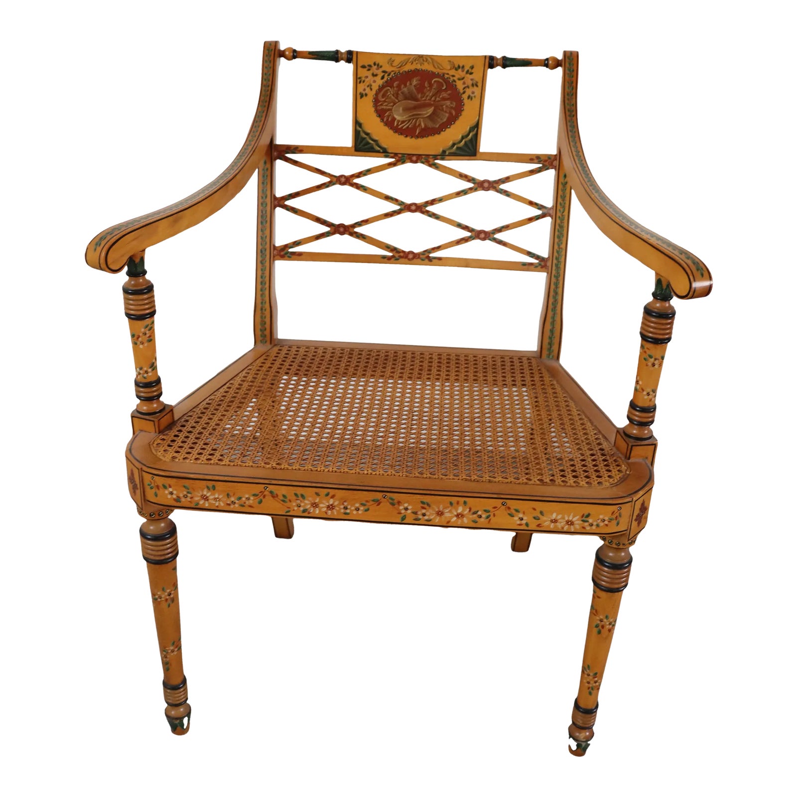 Adams Style Paint Decorated Cane Arm Chair | Chairish