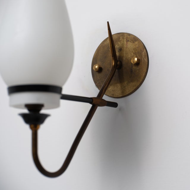 Italian Brass Black Metal and Opaline Glass Wall Sconce, 1950s For Sale - Image 6 of 8