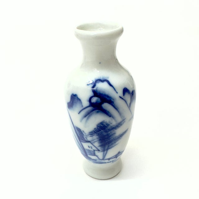 Blue & White Illustrative Hand Painted Petite Bud Vases - Set of 6 For Sale - Image 4 of 8