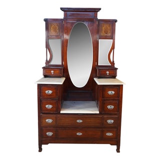 Antique Edwardian Mahogany Marble Top Drop Center Dressing Table Vanity 46" For Sale