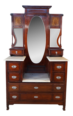 Antique Edwardian Mahogany Marble Top Drop Center Dressing Table Vanity 46"