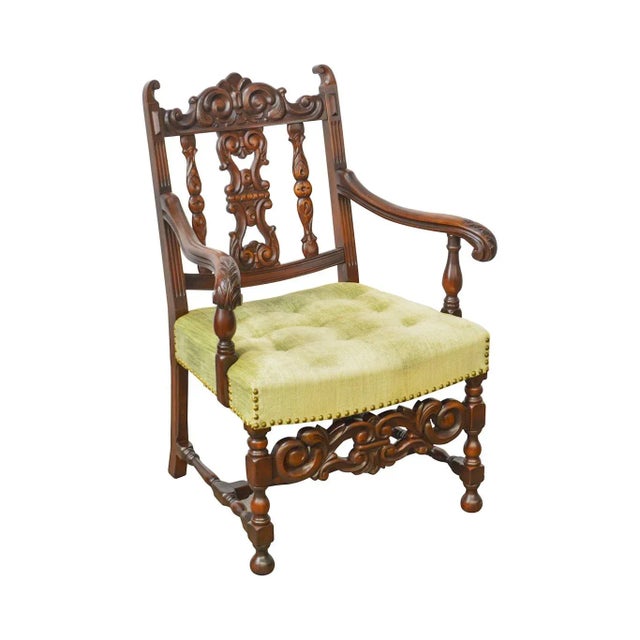 1920s Jacobean Style Solid Mahogany Carved Arm Chair (Possibly Kittinger) For Sale - Image 13 of 13