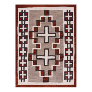 1920s Gray Geometric Antique American Navajo Carpet 4' X 5'9" Flatweave Wool Rug For Sale