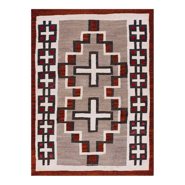 1920s Gray Geometric Antique American Navajo Carpet 4' X 5'9" Flatweave Wool Rug For Sale