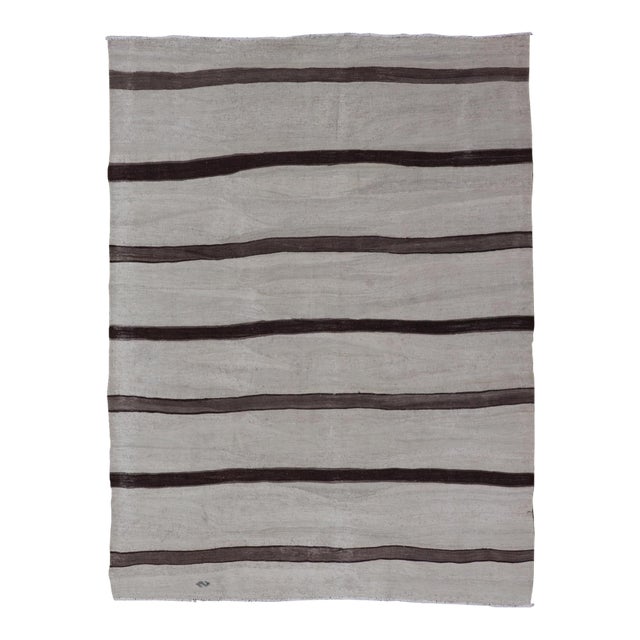 Vintage Turkish Kilim Rug in Soft Beige and Dark Brown Stripes For Sale