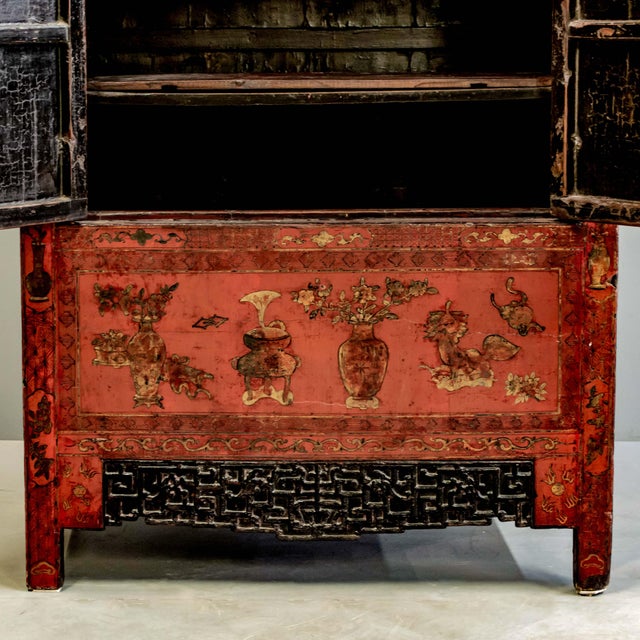 Wood Painted Antique Chinese Two Door Lacquered Cabinet From the Early 19th Century. For Sale - Image 7 of 9