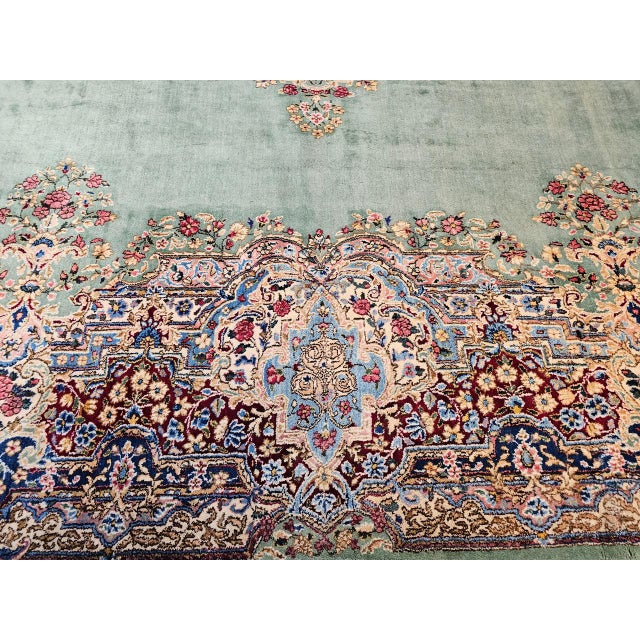 Vintage Oversized Persian Kerman Rug, Hand-Knotted Wool, Floral Pattern, Pale Green & Red, 12x16 For Sale - Image 15 of 15