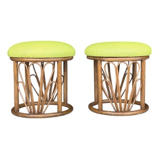1960s Bamboo Ottomans With Lemon Upholstery- A Pair For Sale