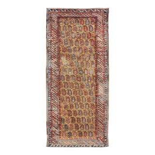 Late 19th Century Antique Kazak Caucasian Short Runner With Paisley Design on Gold Background For Sale