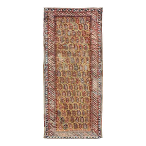 Late 19th Century Antique Kazak Caucasian Short Runner With Paisley Design on Gold Background