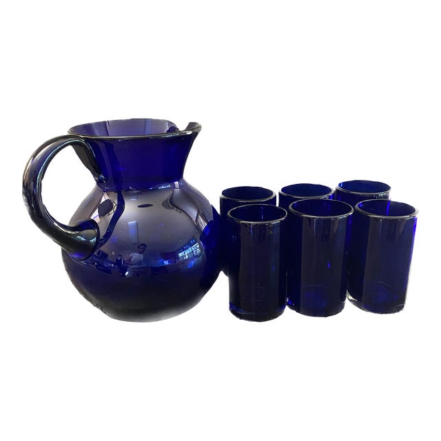Vintage Hand Blown Cobalt Blue Glass Pitcher With Six Hand Blown Matching Cobalt Blue Glasses Set- 7 Pieces For Sale