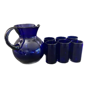 Vintage Hand Blown Cobalt Blue Glass Pitcher With Six Hand Blown Matching Cobalt Blue Glasses Set- 7 Pieces