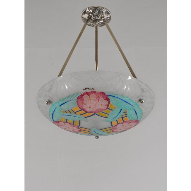 Loys Lucha French Art Deco Pendant Light 1930s - Enameled Pink Hydrangea Bowl For Sale - Image 6 of 14