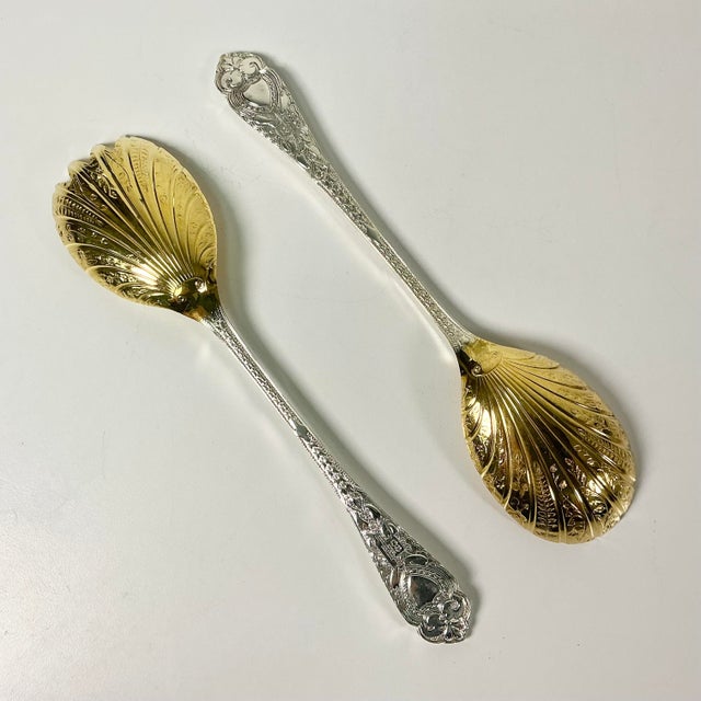 Vintage Hollywood Regency Art Deco Boho Chic Etched Plated Stainless Salad Utensils - A Pair For Sale - Image 9 of 12