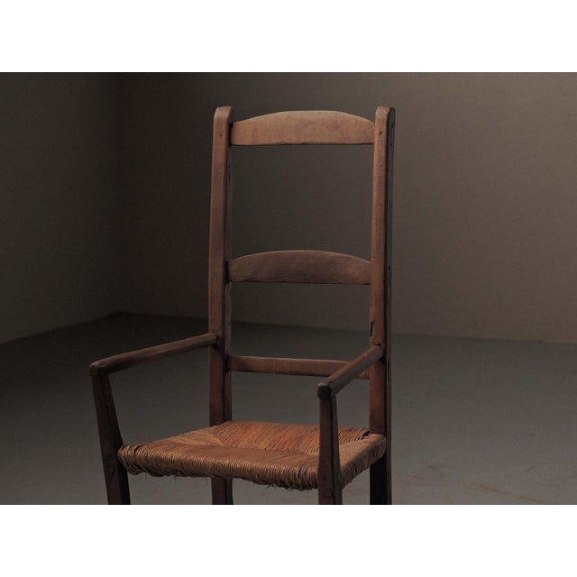 Rustic Folk Art Wooden Armchair with Woven Straw Seat, 1800s For Sale - Image 3 of 15