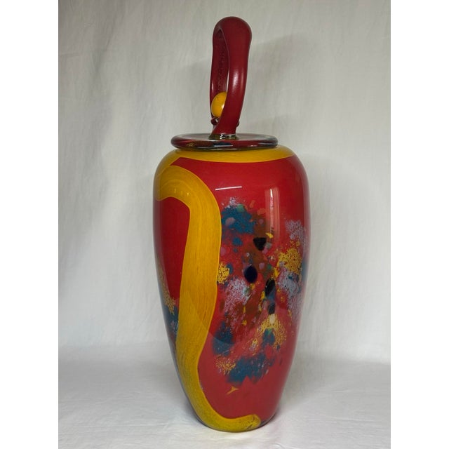 Postmodern Multicolor Art Glass Jar Vase Loop & Ball Finial Lid For Sale - Image 4 of 12