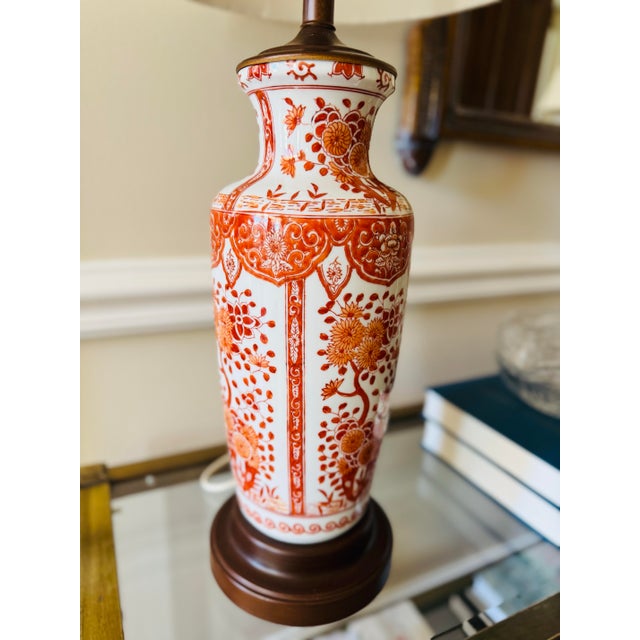 Vintage Pair of Asian Red Porcelain Lamps- Red Chinoiserie Lamps For Sale - Image 9 of 11