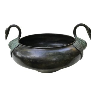 Large Two Headed Swan Brass Centerpiece Bowl Planter For Sale