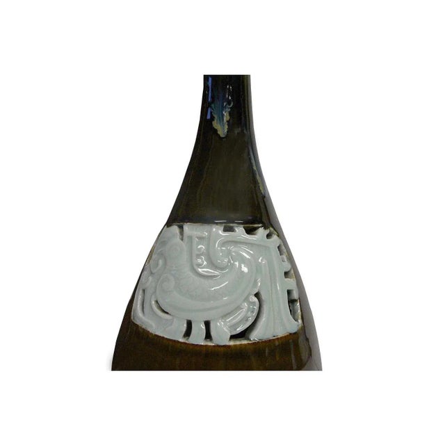 Modern Handmade Long Neck Bottle Shape Vase Brown Gloss With Ancient Phoenix Graphic For Sale - Image 4 of 6