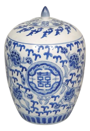 Blue and White “Double Happiness” Ceramic Temple Jar