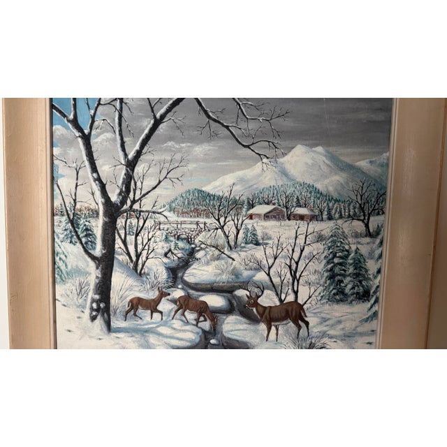Mid 20th Century s.a. Quesada Signed Original Winter Landscape Oil Painting With Deer & Cabin For Sale - Image 4 of 5