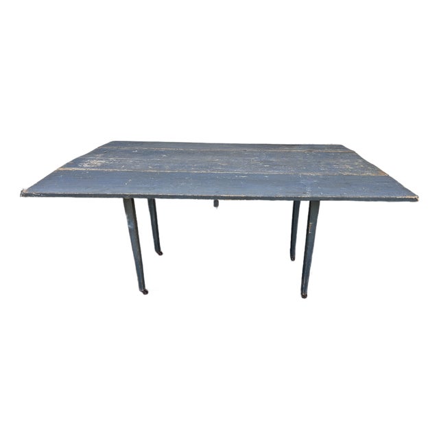 Antique Blue-Painted Drop-Leaf Wood Table For Sale
