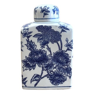 Blue and White Chinoiserie Rectangular Small Floral Ginger Jar For Sale