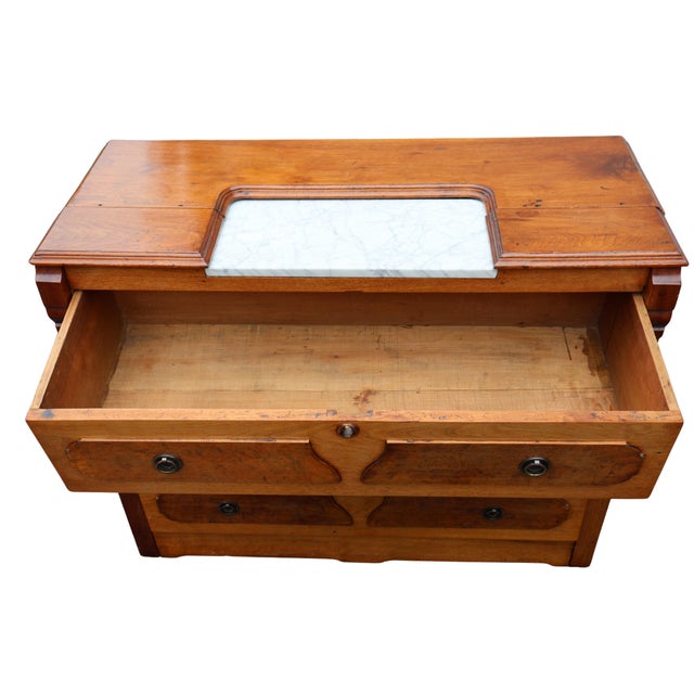 Late 19th-Century Victorian Burl-Wood, Oak & Marble Washstand Chest, C. 1890 For Sale - Image 4 of 18