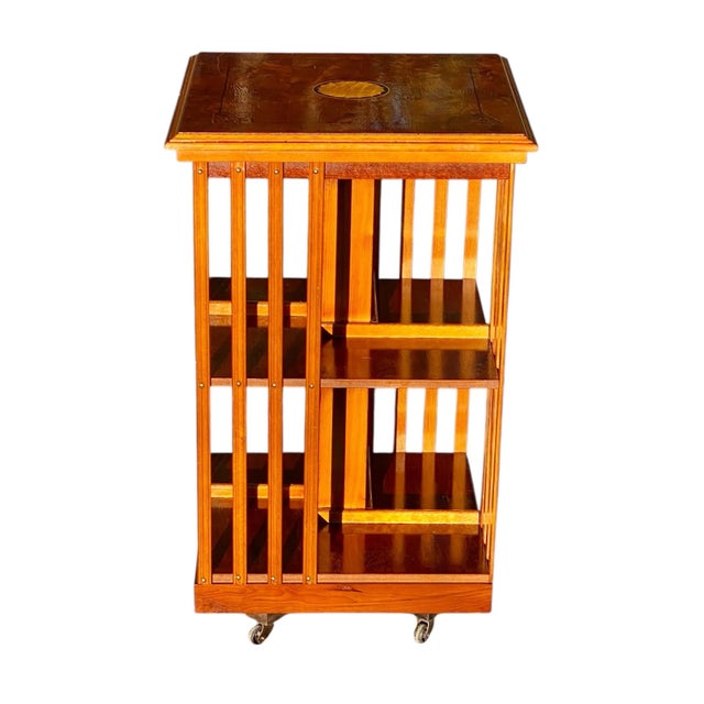Early 20th Century Antique 2 Tier Carpathian Elm Revolving Bookcase With Paterae Inlay For Sale - Image 5 of 12