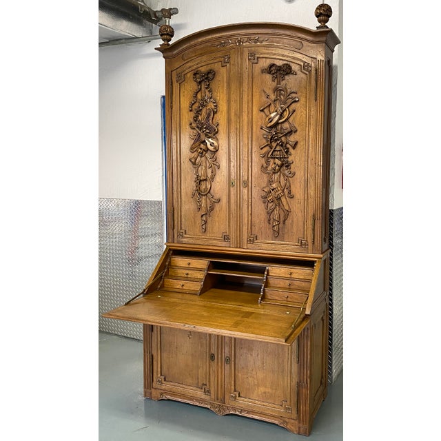 Wood French Buffet Deux Corps With Drop Leaf Desk, European Two Part Secretary With Slant Desk For Sale - Image 7 of 12