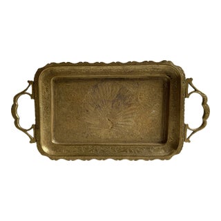 Vintage Ornate Brass Tray Engraved Peacock India Bohemian For Sale