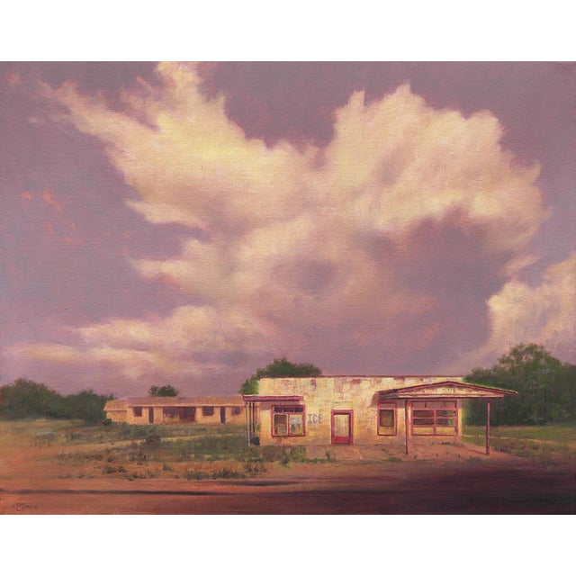 Ice by Mark Harrison | Oil on linen Painting of a rural building under a cloudy sky For Sale