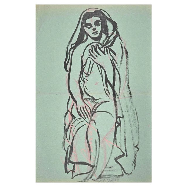 Jean Delpech, Woman, Original Watercolour, Mid-20th Century For Sale