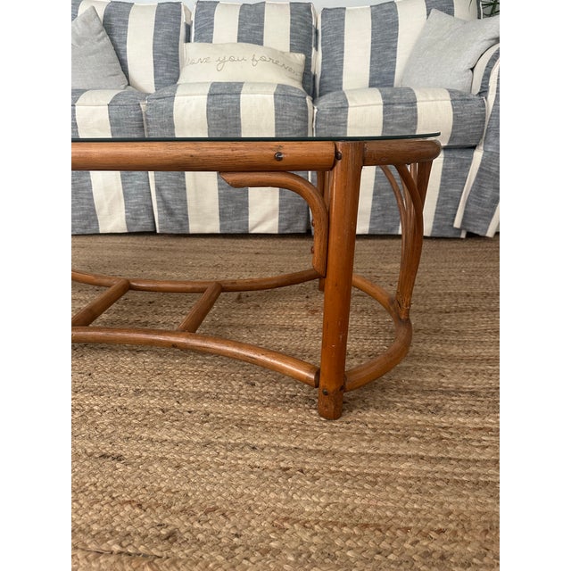 1980s Glass Top Rattan Coffee Table For Sale In West Palm - Image 6 of 6