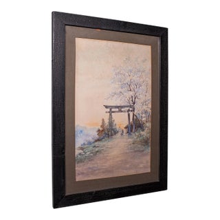Vintage Torii Gate Landscape Painting, Japanese School, Watercolour, Art, c.1960 For Sale