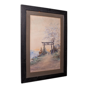 Vintage Torii Gate Landscape Painting, Japanese School, Watercolour, Art, c.1960