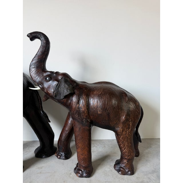 Vintage Safari Style Oversized Leather Elephant Sculptures With Raised Trunks – A Pair For Sale - Image 12 of 18
