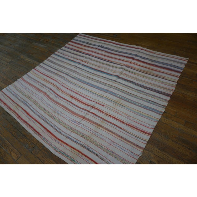 American 1930s Multicolor Stripe Folk Art Antique American Rag Rug 5'5" X 5'5" Flatweave Cotton Carpet For Sale - Image 3 of 6