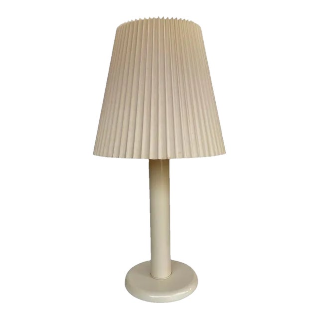 1980s Enamel Ivory Table Lamp With Original Pleated Shade - A Pair For Sale