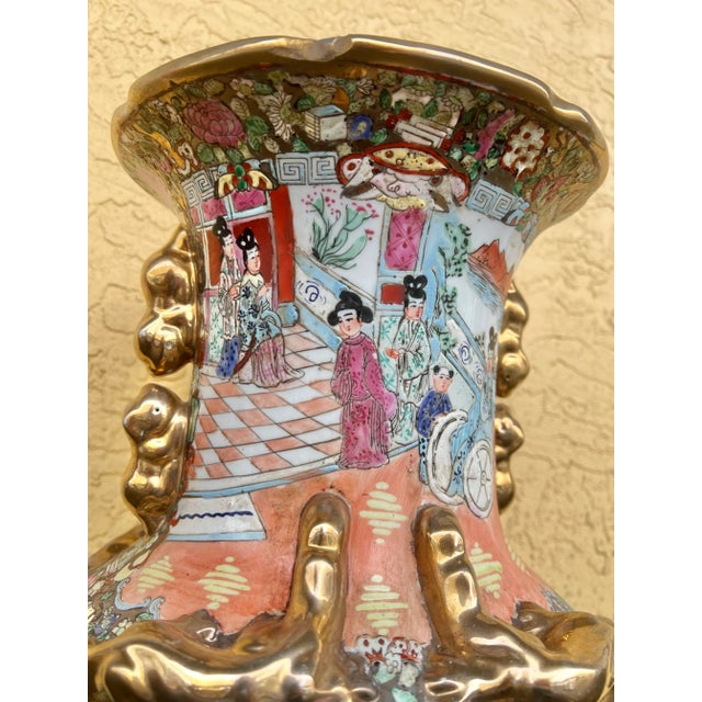 Vintage Famille Rose Vase and Hand Painted in Pastels With Heavy Gold Accents For Sale - Image 10 of 11