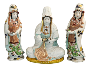 Japanese Kutani Porcelain Buddhist Triad of Kannon, 1800s