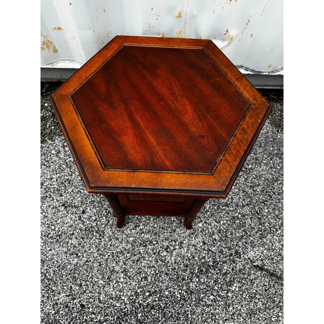 Late 20th Century Walnut and Faux Bamboo Boho Chic Side Table With Cane Shelf For Sale - Image 4 of 5
